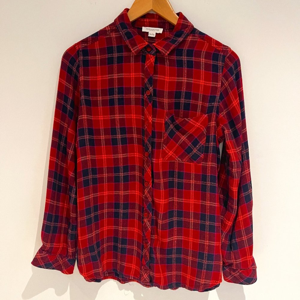 Beach Lunch Lounge Women Top Long Sleeve Shirt Red Black Plaid Shiny Size XL